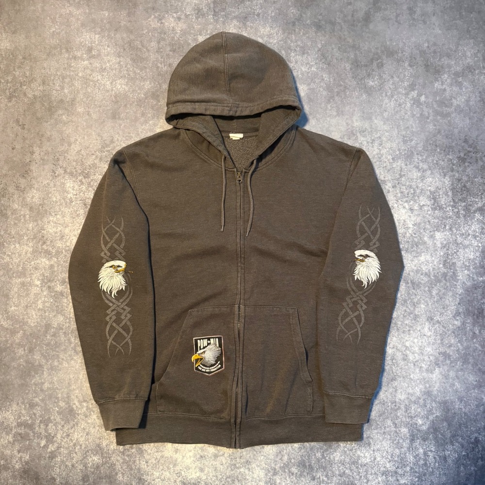 Vintage POW MIA Eagle Graphic Zip Up Hoodie Mens Gray Tribal Sleeve Print Large